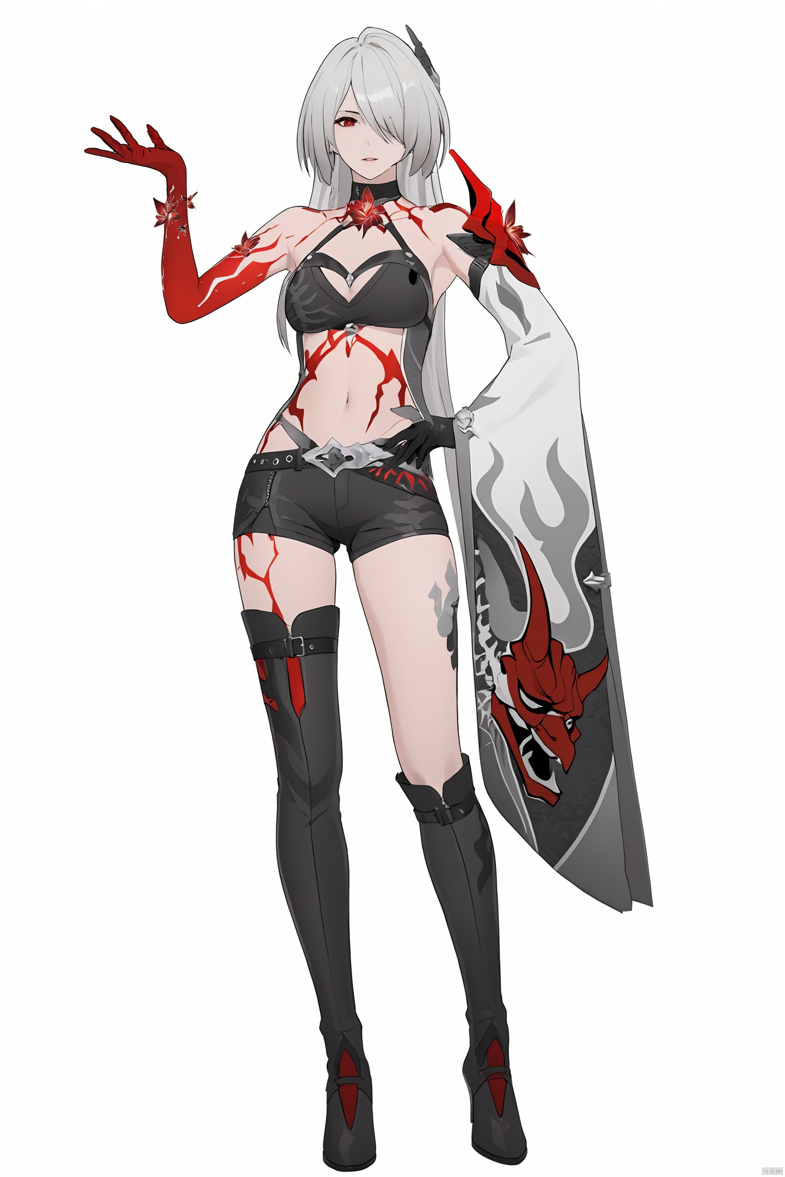 score_9,score_8_up,score_7_up,best quality,masterpiece,source_anime,8k,best quality,masterpiece,(ultra-detailed),(high detailed skin),(full body),white background,standing,looking at viewer,(solo),hand on hip,whuangquan, white hair, asymmetrical clothes, 1girl, breasts, long hair, red eyes, hair over one eye,navel,bangs,cleavage,bloody hand,single glove,(left single sleeve),long_sleeve,(white background, simple background),,full_shot<lora:EMS-333557-EMS:0.900000>
