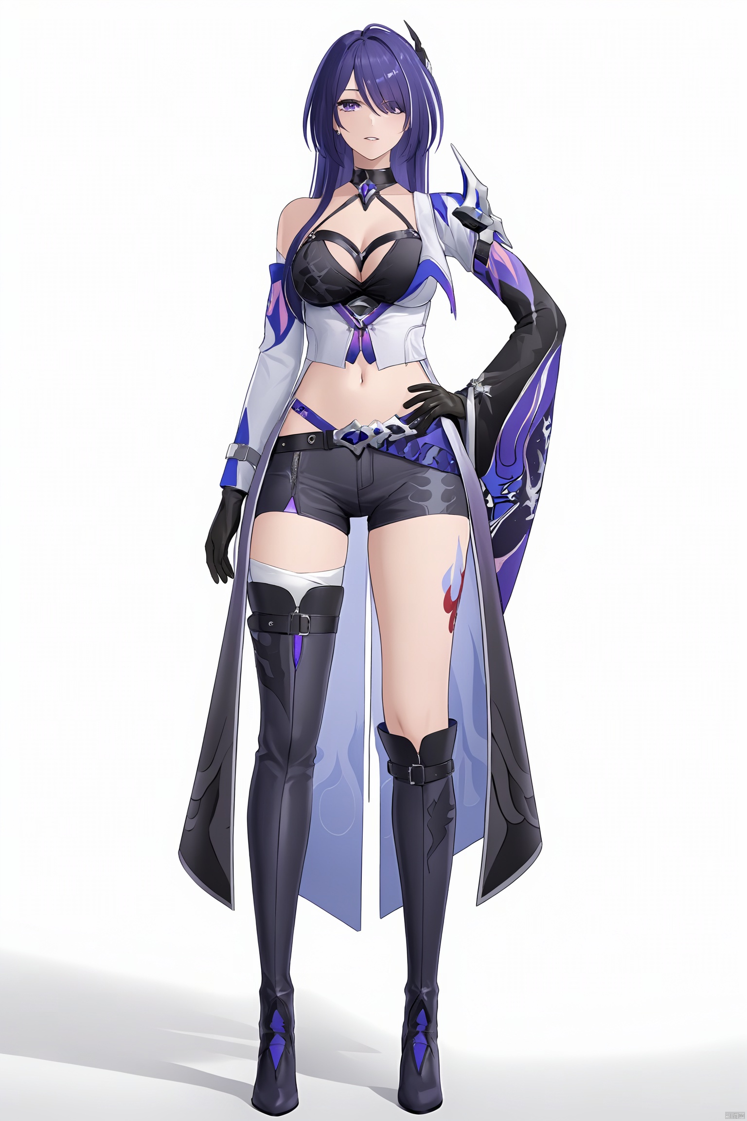 score_9,score_8_up,score_7_up,best quality,masterpiece,source_anime,8k,best quality,masterpiece,(ultra-detailed),(high detailed skin),(full body),white background,standing,looking at viewer,(solo),hand on hip,huangquan, def clothe, 1girl, long hair, purple eyes, purple hair, hair over one eye, thighhighs, breasts, boots, black gloves, blacks horts, cleavage, ( left single sleeve), long sleeve,(white background, simple background),,full_shot<lora:EMS-333557-EMS:0.800000>