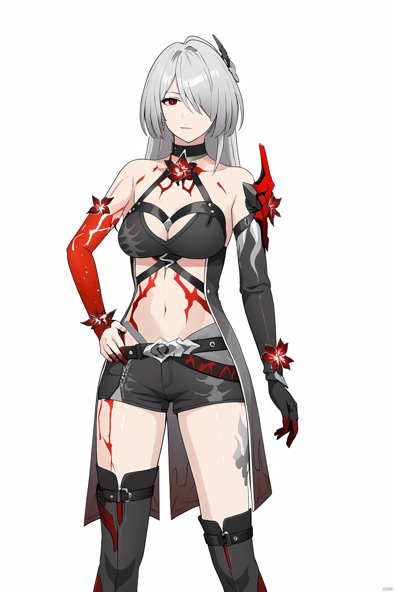 score_9,score_8_up,score_7_up,best quality,masterpiece,source_anime,8k,best quality,masterpiece,(ultra-detailed),(high detailed skin),(full body),white background,standing,looking at viewer,(solo),hand on hip,whuangquan, white hair, asymmetrical clothes, 1girl, breasts, long hair, red eyes, hair over one eye,navel,bangs,cleavage,bloody hand,single glove,(left single sleeve),long_sleeve,grey pic,(white background, simple background),,full_shot<lora:EMS-333557-EMS:0.800000>
