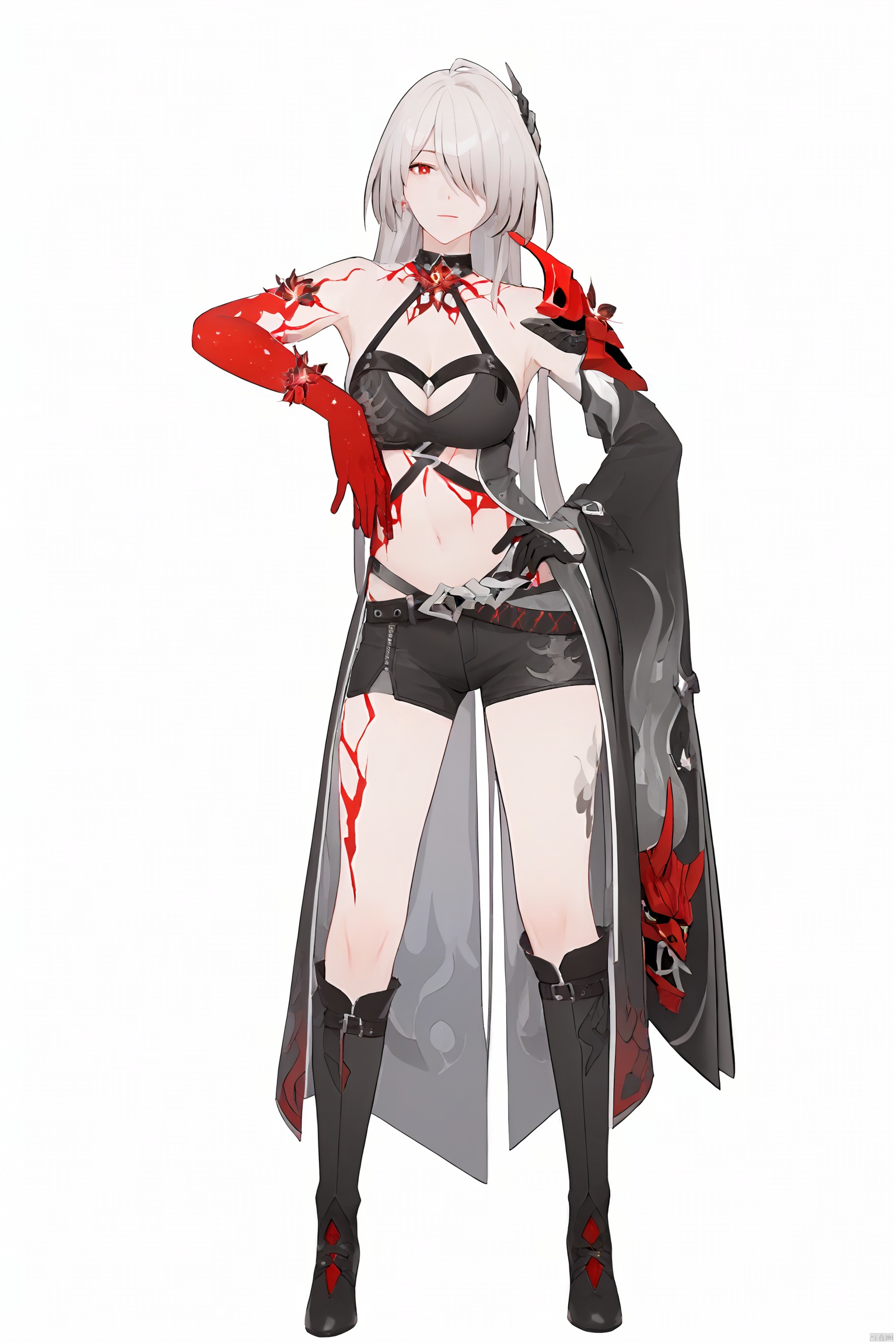score_9,score_8_up,score_7_up,best quality,masterpiece,source_anime,8k,best quality,masterpiece,(ultra-detailed),(high detailed skin),(full body),white background,standing,looking at viewer,(solo),hand on hip,whuangquan, white hair, asymmetrical clothes, 1girl, breasts, long hair, red eyes, hair over one eye,navel,bangs,cleavage,bloody hand,single glove,(left single sleeve),long_sleeve,(white background, simple background),,full_shot<lora:EMS-333558-EMS:0.900000>