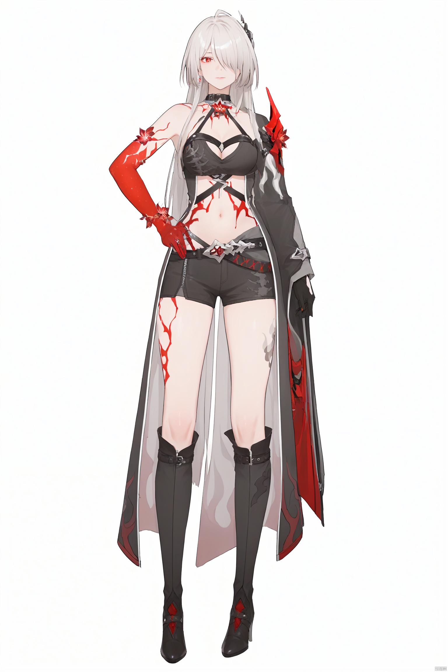score_9,score_8_up,score_7_up,best quality,masterpiece,source_anime,8k,best quality,masterpiece,(ultra-detailed),(high detailed skin),(full body),white background,standing,looking at viewer,(solo),hand on hip,whuangquan, white hair, asymmetrical clothes, 1girl, breasts, long hair, red eyes, hair over one eye,navel,bangs,cleavage,bloody hand,single glove,(left single sleeve),long_sleeve,(white background, simple background),,full_shot<lora:EMS-333558-EMS:0.850000>