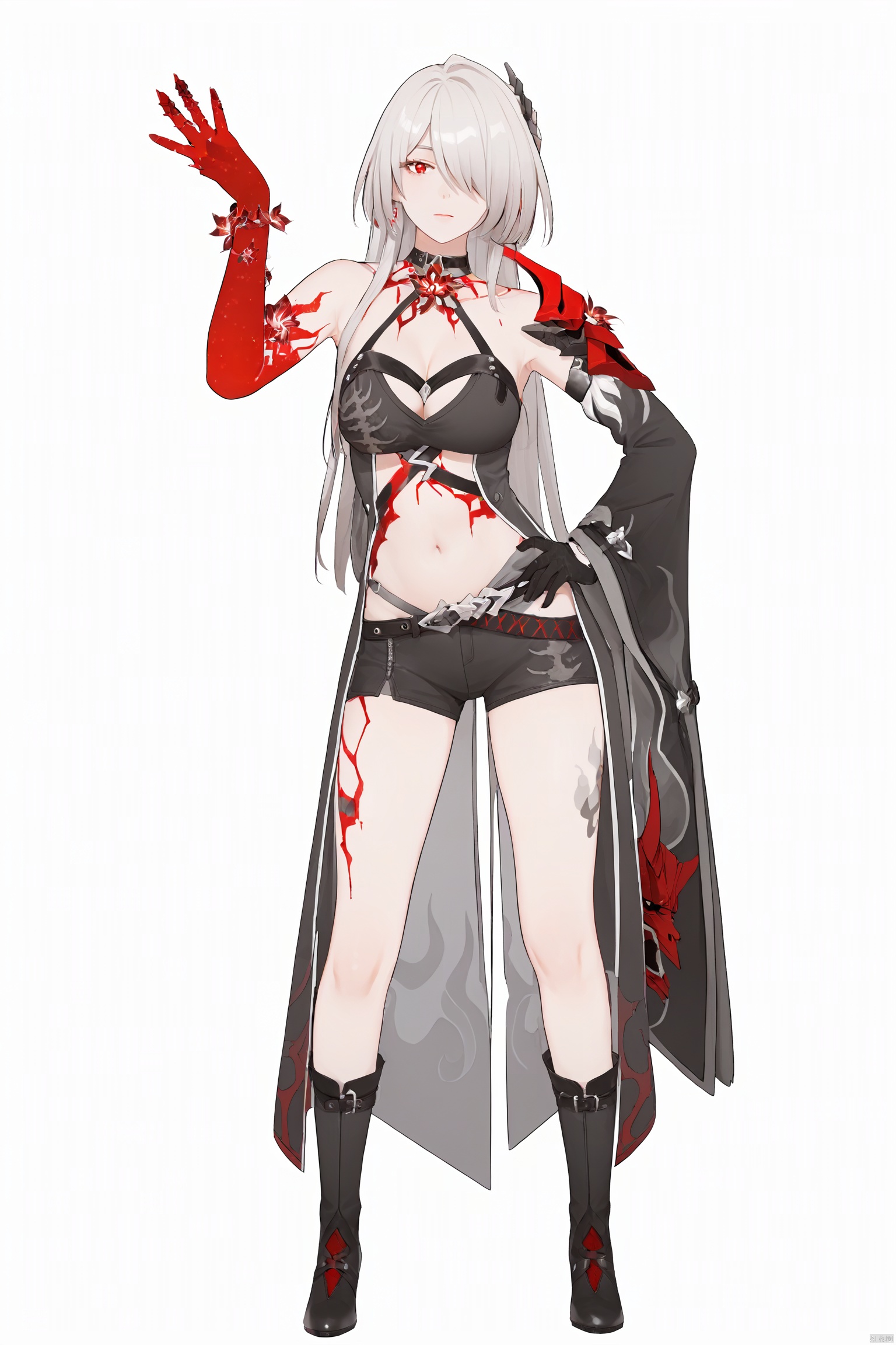 score_9,score_8_up,score_7_up,best quality,masterpiece,source_anime,8k,best quality,masterpiece,(ultra-detailed),(high detailed skin),(full body),white background,standing,looking at viewer,(solo),hand on hip,whuangquan, white hair, asymmetrical clothes, 1girl, breasts, long hair, red eyes, hair over one eye,navel,bangs,cleavage,bloody hand,single glove,(left single sleeve),long_sleeve,(white background, simple background),,full_shot<lora:EMS-333558-EMS:0.850000>