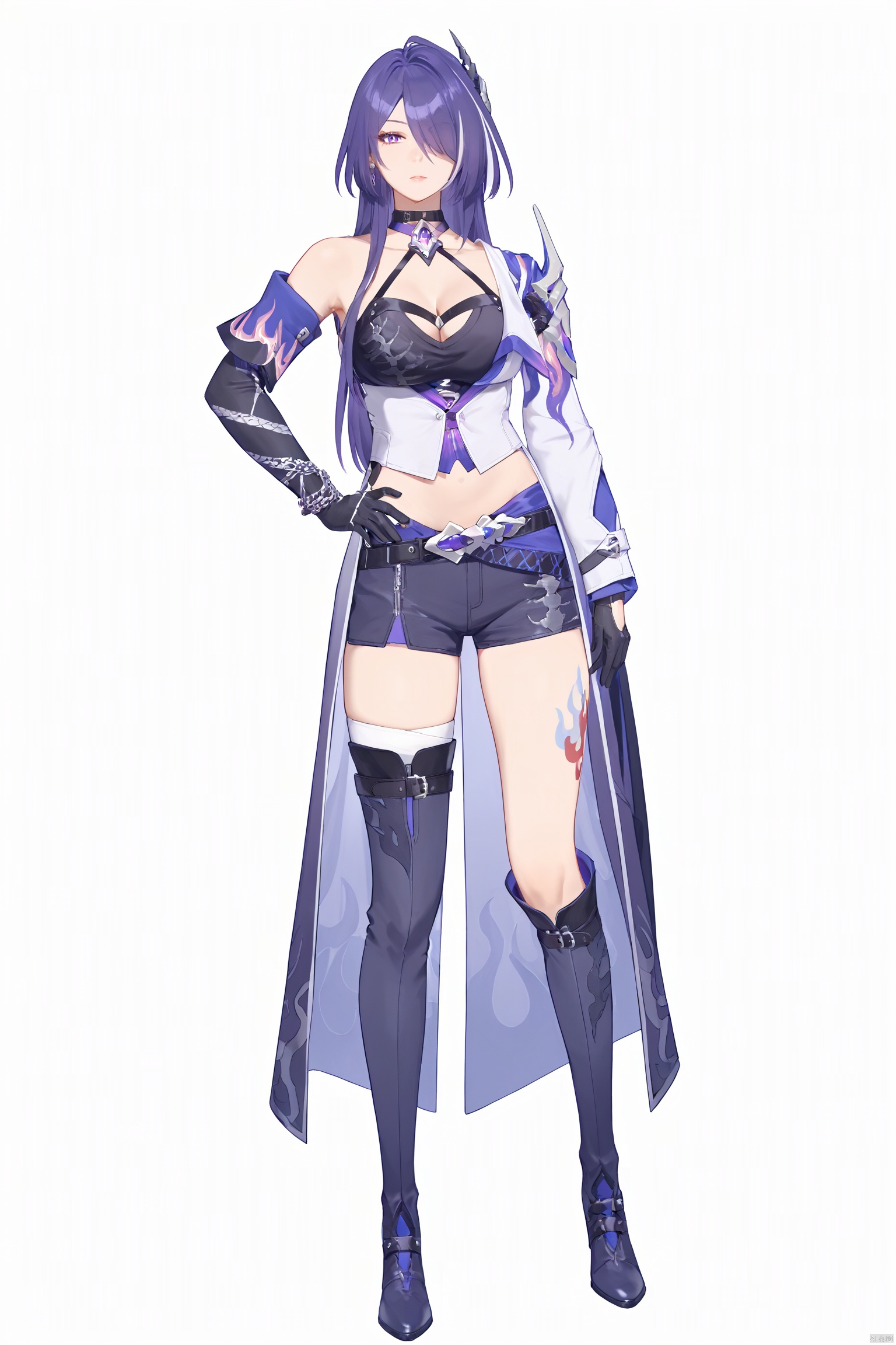 score_9,score_8_up,score_7_up,best quality,masterpiece,source_anime,8k,best quality,masterpiece,(ultra-detailed),(high detailed skin),(full body),white background,standing,looking at viewer,(solo),hand on hip,huangquan, def clothe, 1girl, long hair, purple eyes, purple hair, hair over one eye, thighhighs, breasts, boots, black gloves, blacks horts, cleavage, ( left single sleeve), long sleeve,(white background, simple background),,full_shot<lora:EMS-333558-EMS:0.850000>