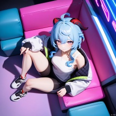 masterpiece, ultra detailed, expressive eye, cute, 1girl, looking at viewer, Ganyu \(Genshin impact\), \(cyberpunk\), casual clothes, fashion, white shirt, open jacket , edgerunners custome, couch, sitting, indoors, neon lights, from above, solo,  very aesthetic, best quality, (best shadow:1.2), cyberpunk, glowing shoes, knee up