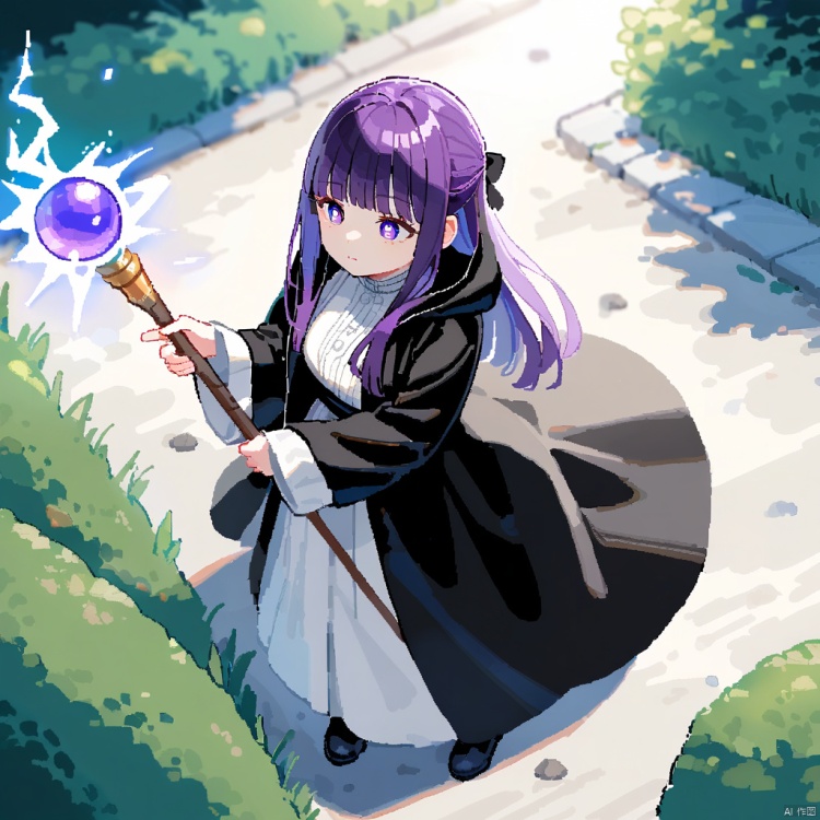 1girl, fern \(sousou no frieren\), sousou no frieren, purple hair, solo, purple eyes, bangs, grass, outdoors, hair ribbon, short hair, holding, eyebrows visible through hair,(holding staff, holding wand, staff:1.5), cloak, dress, long sleeves, closed mouth, bright pupils, blunt bangs, hair bow, day, standing, white pupils, path, expressionless, black cloak, road, hood, black robe, black footwear, robe, younger, kneeling, shadow, hood down, sleeves past wrists, hooded cloak, white dress, black coat, shiny hair, v arms, child, black cape, bush, looking up, coat, cape, black dress, from above, hooded robe, plant, bob cut, shiny, black jacket, dirt road, sleeves past fingers, sunlight, nature, dirt, shoes, wide sleeves, dot nose, medium hair, turtleneck, leaf, white sweater, on ground, boots, pantyhose, shade, jacket, skirt, long dress, hair ornament, long hair, white shirt, dirty, black legwear, glowing eyes, (magic girl, magic, electricity, electrokinesis, pyrokinesis, casting spell:1.8), (dynamic pose, dynamic angle:1.5), (face focus, cowboy shot, close-up face, backlight:1.2), perfect features, intricate details, ray tracing, depth of field, ultra resolution image, (very aesthetic, newest, best quality, masterpiece:1.5),  (Illustrate a translucent watercolor painting, with delicate washes of color, subtle blending, and an airy, dreamlike quality.), (sketch, outline, lineart:1.1), (oekaki, tegaki, backlight:1.2),