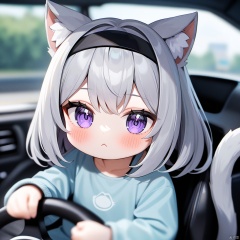 masterpiece,best quality,very aesthetic,absurdres,,irl,:<, akemi_homura, black_hairband, blush, cat_ears, cat_girl, cat_tail, chibi, closed_mouth, driving, film_grain, grey_car, long_hair, looking_at_viewer, mercedes-benz_300sl, purple_eyes, sitting, solo, steering_wheel, vehicle_focus,