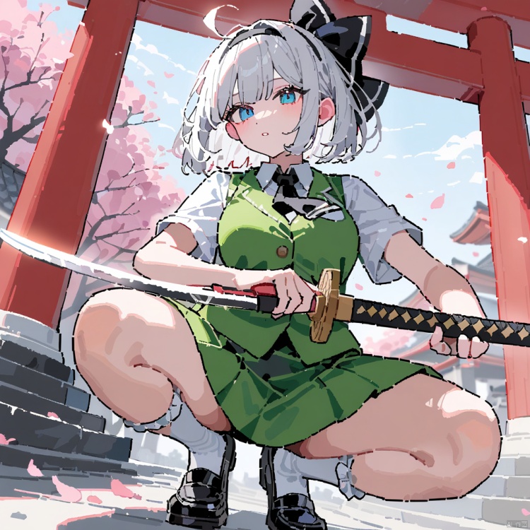 1girl, konpaku youmu, touhou, weapon, solo, (fighting stance, floating hair, squatting:1.3), sword, skirt, short hair, shoes, cherry blossoms, socks, vest, green skirt, holding, white legwear, shirt, mary janes, petals, green vest, black hairband, hairband, katana, white shirt, long sleeves, silver hair, holding weapon, black footwear, one knee, holding sword, skirt set, ribbon, hair ribbon, tree, outdoors, black ribbon, blue eyes, architecture, black neckwear, dual wielding, bangs, east asian architecture, stone lantern, bobby socks, sheath, collared shirt, breasts, hakugyokurou, stairs, closed mouth, day, black bow, flower, bowtie, shrine, medium breasts, scabbard, bow, pink flower, hitodama, frilled legwear, building, unsheathed, sidelocks, bob cut, wakizashi, tassel, white hair, miniskirt, branch, torii, ascot, serious, bare legs, parted lips, looking at viewer, shadow, wing collar, unsheathing, ankle socks, reverse grip, pillar, hakurei shrine, hair between eyes, falling petals, thighs, short sleeves, statue, light particles, large breasts, blurry, stone stairs, small breasts, loafers, (motion blur, motion lines, double exposure, dynamic pose, dynamic angle, face focus, cowboy shot, close-up body:1.3), perfect features, intricate details, ray tracing, depth of field, ultra resolution image, (very aesthetic, newest, best quality, masterpiece:1.5), (Illustrate a translucent watercolor painting, with delicate washes of color, subtle blending, and an airy, dreamlike quality.), (sketch, outline, lineart:1.1), (oekaki, tegaki, backlight:1.1),