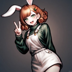 masterpiece, best quality, very aesthetic, absurdres, (komatsuzaki rui:1.2),
1girl, solo, original character, original, short hair, orange hair, (curly hair), (white_rabbit_ears), rabbit girl, green eyes, smile, open mouth, :d, happy, light blush, ((carrot_hair_ornament)), hair ornament, green sweater, sleeves past wrists, white overalls, overall skirt, cowboy shot, hand up, v, simple background