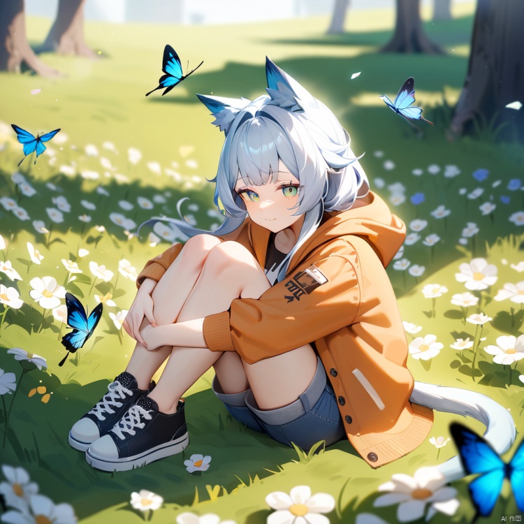 masterpiece, best quality, very aesthetic, absurdres, 1girl, rosmontis \(arknights\), cat ears, tail, casual, denim shorts, crew neck shirt, orange hooded jacket, sleeves rolled up, flower field, grass, butterfly, sitting, sneakers, sunlight, hugging own legs, light smile