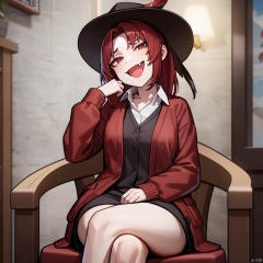 as109 ,1girl, masterpiece, best quality, solo, sitting on chair, crossed legs, pov, full body, hand up, detailed eyes, absurdres, extremely detailed, cardigan, rating: safe, perfect features, makeup, eyeliner, intricate details, ultra resolution image, laughing, fang, smug ,, red hair, hat feather<lora:EMS-322114-EMS:1.000000>