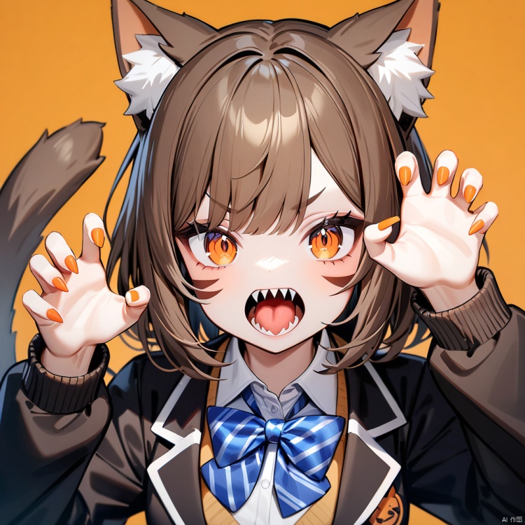  masterpiece,best quality,1girl,solo,animal ears,bow,teeth,jacket,tail,open mouth,brown hair,orange background,bowtie,orange nails,simple background,cat ears,orange eyes,blue bow,animal ear fluff,cat tail,looking at viewer,upper body,shirt,school uniform,hood,striped bow,striped,white shirt,black jacket,blue bowtie,fingernails,long sleeves,cat girl,bangs,fangs,collared shirt,striped bowtie,short hair,tongue,hoodie,sharp teeth,facial mark,claw pose,