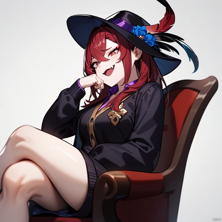 u u zan,1girl, masterpiece, best quality, solo, sitting on chair, crossed legs, pov, full body, hand up, detailed eyes, absurdres, extremely detailed, cardigan, rating: safe, perfect features, makeup, eyeliner, intricate details, ultra resolution image, laughing, fang, smug ,, red hair, hat feather<lora:EMS-322114-EMS:1.000000>