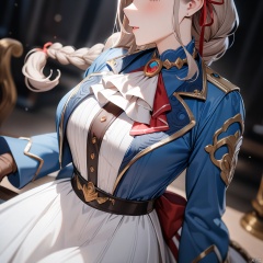 1girl,
 aave, braid, hair ribbon, red ribbon, jewelry, white ascot, brooch, blue jacket, long sleeves, brown gloves, white dress, long dress,
ultra-detailed,best quality,(masterpiece), 