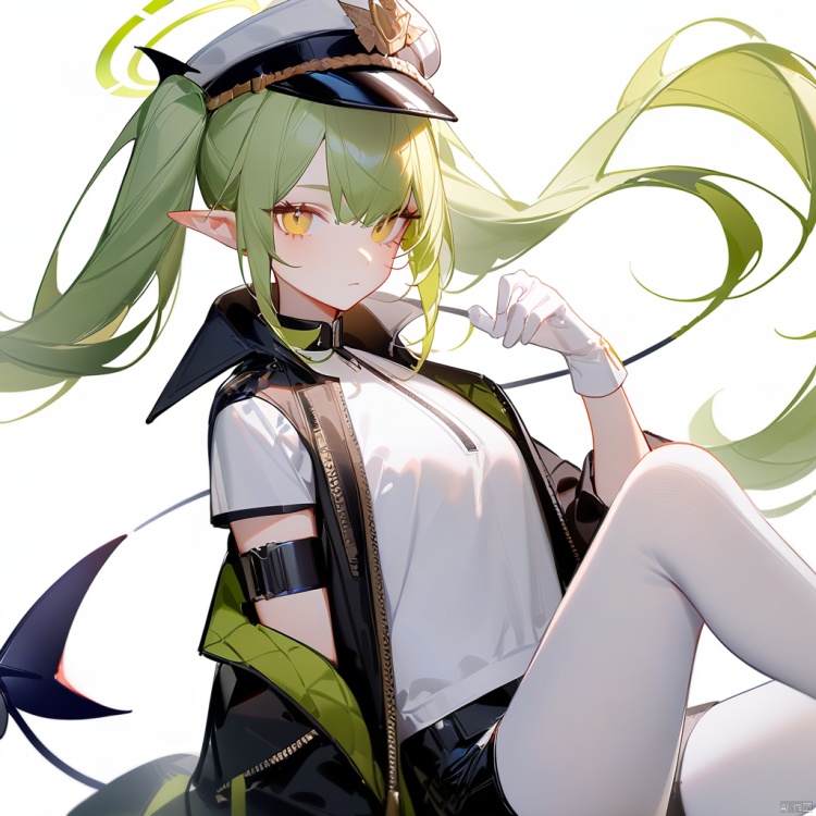 ask (askzy),1girl,upper body,white background,
ultra-detailed,best quality,(masterpiece),highlander-right,yellow eyes,green hair,twintails,long hair,pointy ears,halo,demon tail,jacket,shorts,arm band,white pantyhose,white gloves,peaked cap,boots,highlander-right,