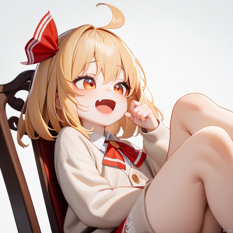 1girl, Rumia, masterpiece, best quality, solo, sitting on chair, crossed legs, pov, full body, hand up, detailed eyes, absurdres, extremely detailed, cardigan, rating: safe, perfect features, makeup, eyeliner, intricate details, ultra resolution image, laughing, fang, smug, tianliang duohe fangdongye
