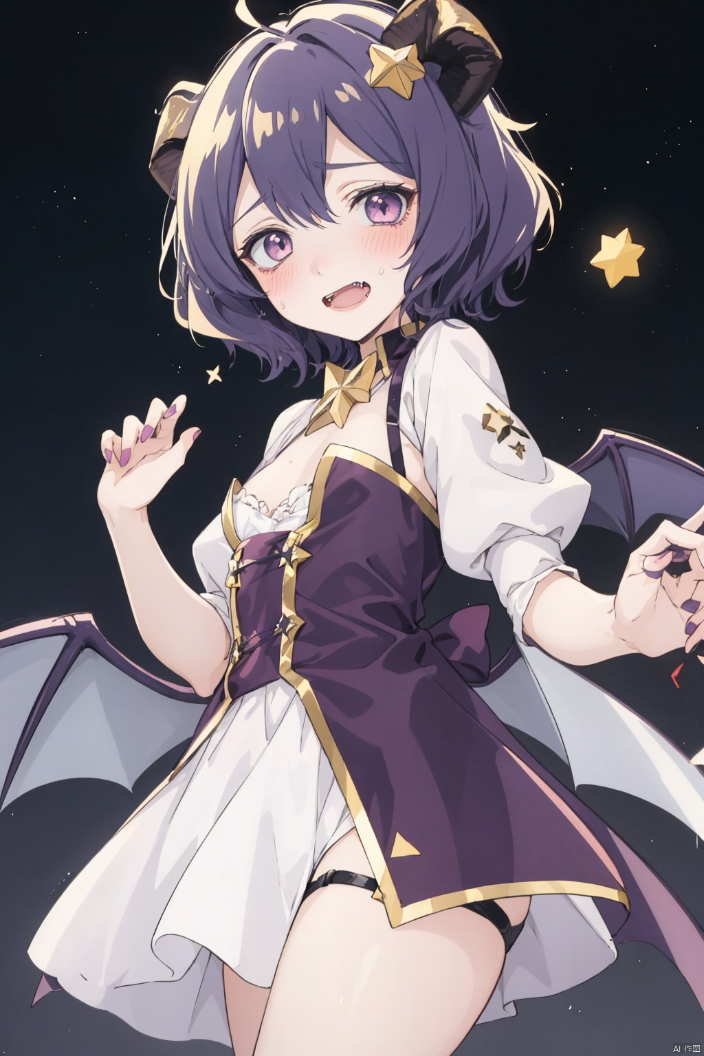 1girl, horns, open mouth, blush, solo, purple hair, fang, star \(symbol\), short hair, multicolored hair, wings, 1