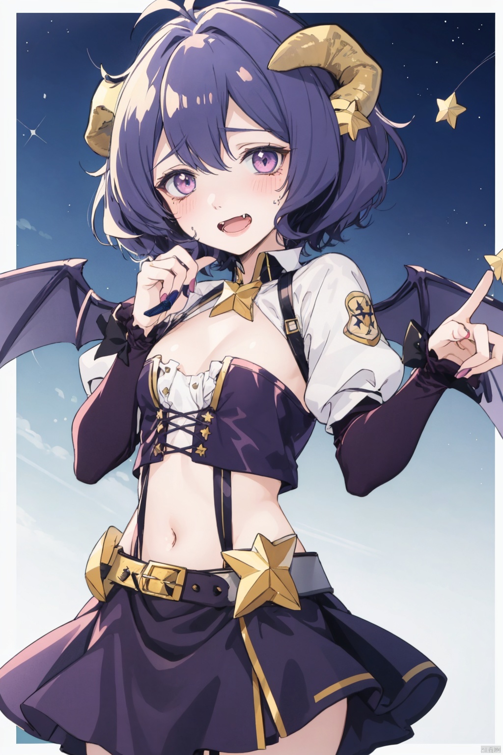1girl, horns, open mouth, blush, solo, purple hair, fang, star \(symbol\), short hair, multicolored hair, wings, 1