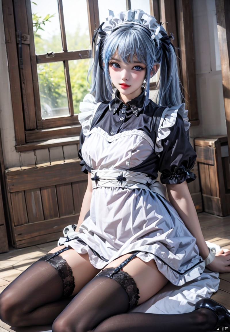 1girl, solo, long hair, breasts, looking at viewer, bangs, blue eyes, thighhighs, twintails, sitting, blue hair, short sleeves, black thighhighs, indoors, apron, maid, maid headdress, window, garter straps, maid apron, houtufeng,
