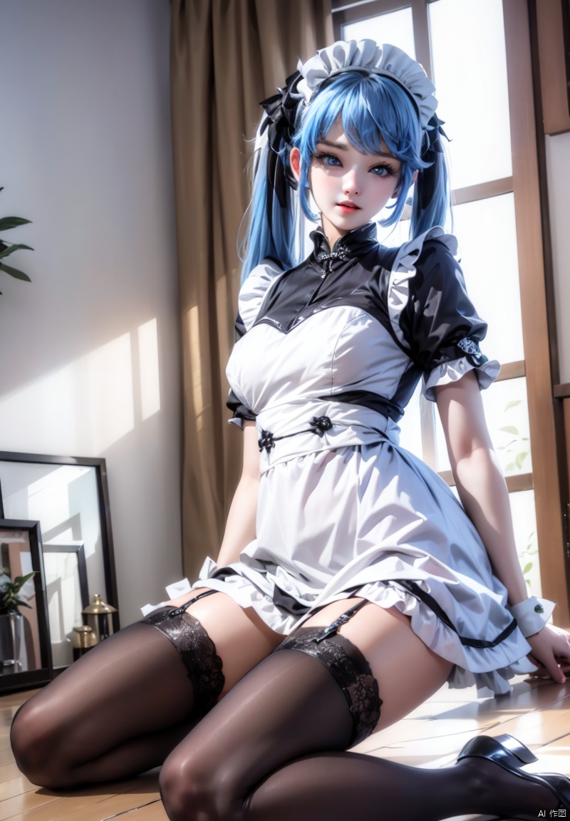 1girl, solo, long hair, breasts, looking at viewer, bangs, blue eyes, thighhighs, twintails, sitting, blue hair, short sleeves, black thighhighs, indoors, apron, maid, maid headdress, window, garter straps, maid apron, houtufeng,