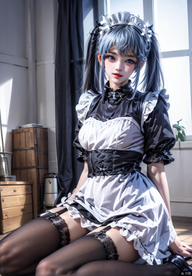 1girl, solo, long hair, breasts, looking at viewer, bangs, blue eyes, thighhighs, twintails, sitting, blue hair, short sleeves, black thighhighs, indoors, apron, maid, maid headdress, window, garter straps, maid apron, houtufeng,