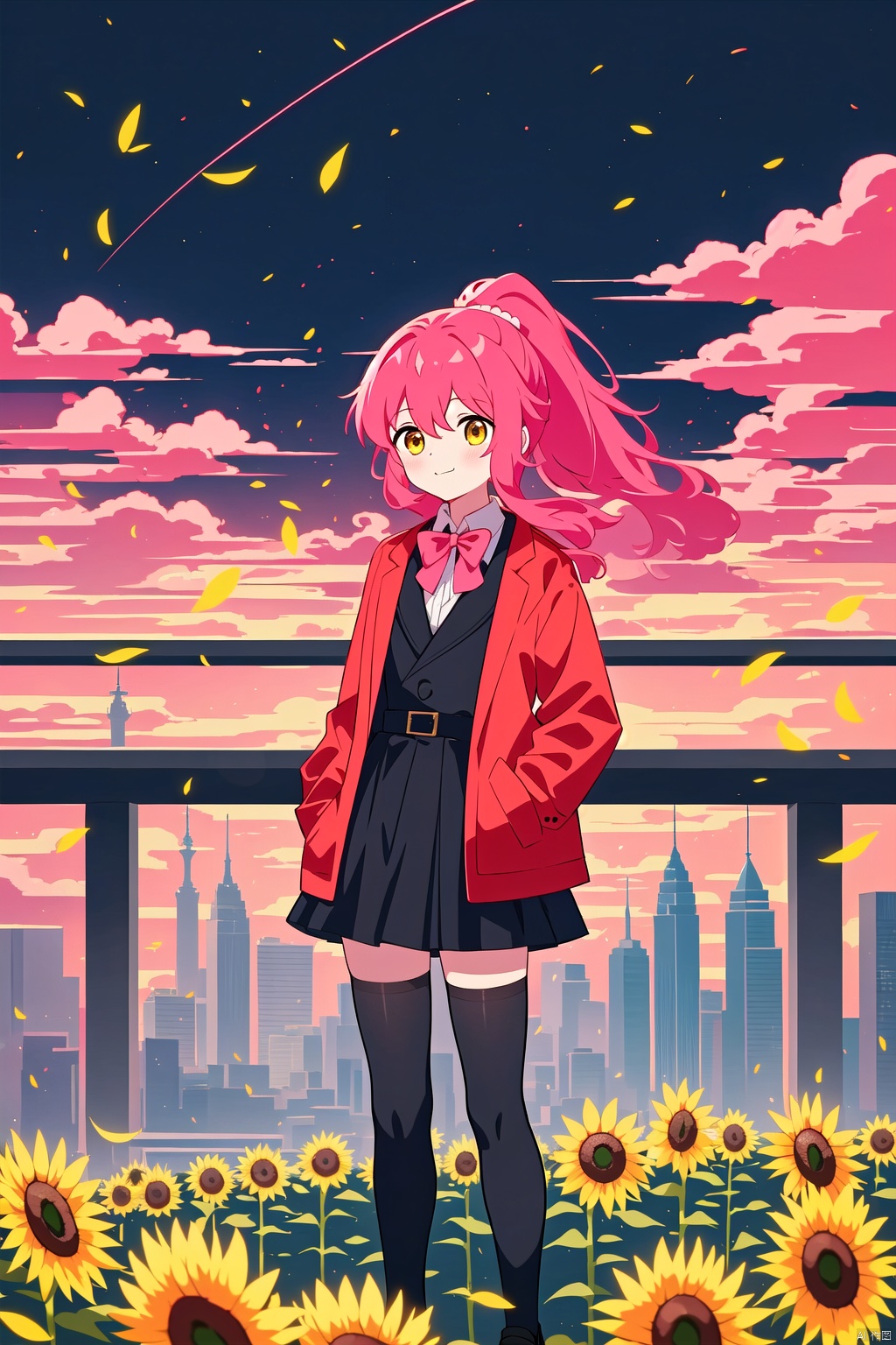  tianliang duohe fangdongye,chen bin,omone,,（(masterpiece, best quality)),beautifuldetailedlighting, (best quality),((masterpiece)),(highres),standing,(full body),(black thighhighs),original,extremely detailed wallpaper,(an extremely delicate and beautiful),(loli:1.2),(petite:1.2),Pink hair,Yellow eyes,(red Jacket),high ponytail,white collared shirt,hair flower,fipped hair,floating hair,Frown,hands in pockets,black dress,red bowtie,(solo),sky,skyline,skyscraper,smile,solo,sunflower,tower,upper_body,white flower, solo
