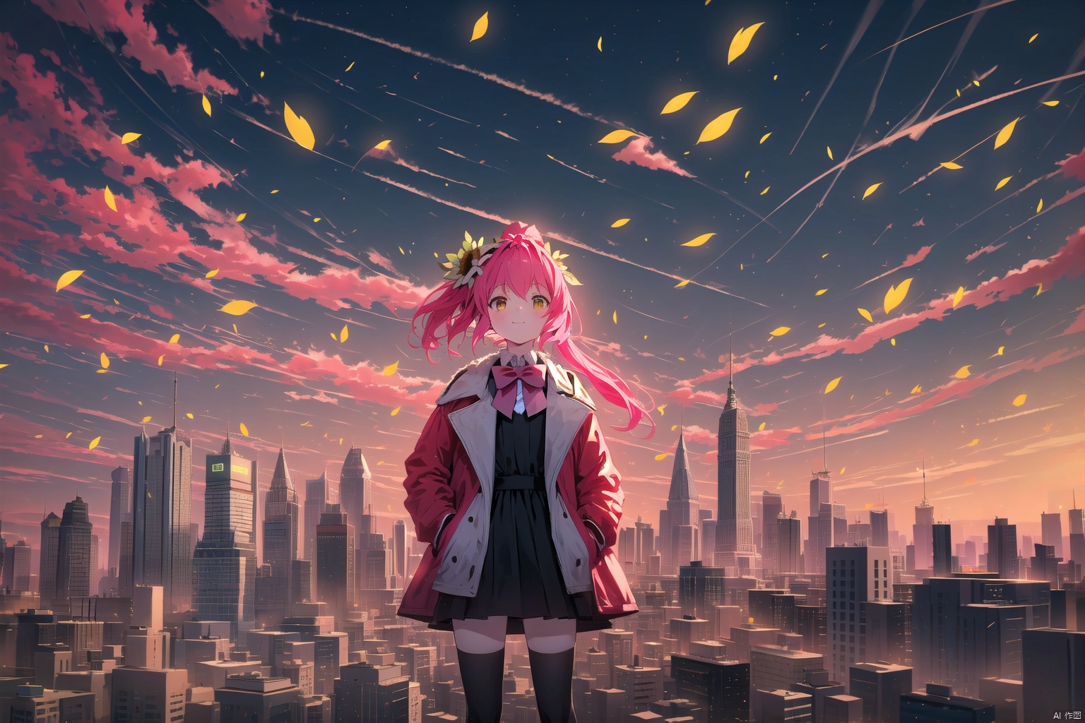  tianliang duohe fangdongye,chen bin,omone,,（(masterpiece, best quality)),beautifuldetailedlighting, (best quality),((masterpiece)),(highres),standing,(full body),(black thighhighs),original,extremely detailed wallpaper,(an extremely delicate and beautiful),(loli:1.2),(petite:1.2),Pink hair,Yellow eyes,(red Jacket),high ponytail,white collared shirt,hair flower,fipped hair,floating hair,Frown,hands in pockets,black dress,red bowtie,(solo),sky,skyline,skyscraper,smile,solo,sunflower,tower,upper_body,white flower, solo