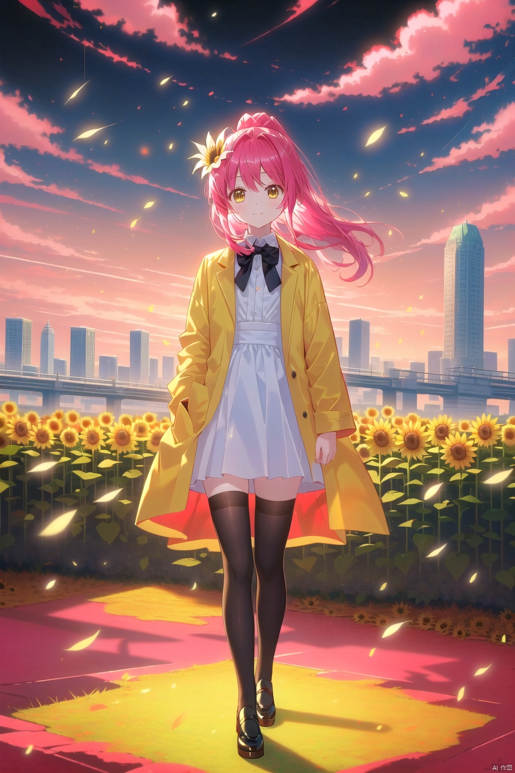  tianliang duohe fangdongye,chen bin,omone,,（(masterpiece, best quality)),beautifuldetailedlighting, (best quality),((masterpiece)),(highres),standing,(full body),(black thighhighs),original,extremely detailed wallpaper,(an extremely delicate and beautiful),(loli:1.2),(petite:1.2),Pink hair,Yellow eyes,(red Jacket),high ponytail,white collared shirt,hair flower,fipped hair,floating hair,Frown,hands in pockets,black dress,red bowtie,(solo),sky,skyline,skyscraper,smile,solo,sunflower,tower,upper_body,white flower, solo