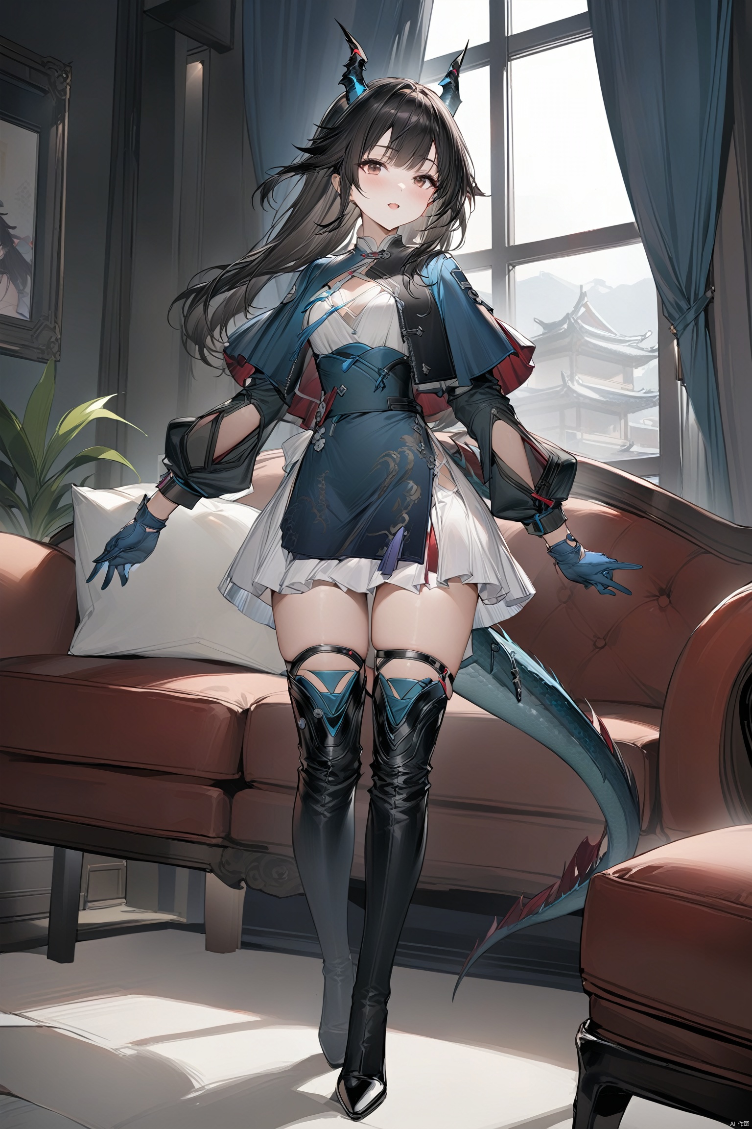  (masterpiece), (best quality), 1girl, bangs,black hair,thighhighs,gloves,long sleeves,dress,brown eyes,jacket,tail,full body,horns,black footwear,capelet,dragon tail,blue gloves, chenqianyu,thigh_boots,indoors,window,soft_light,sunny,sofa,