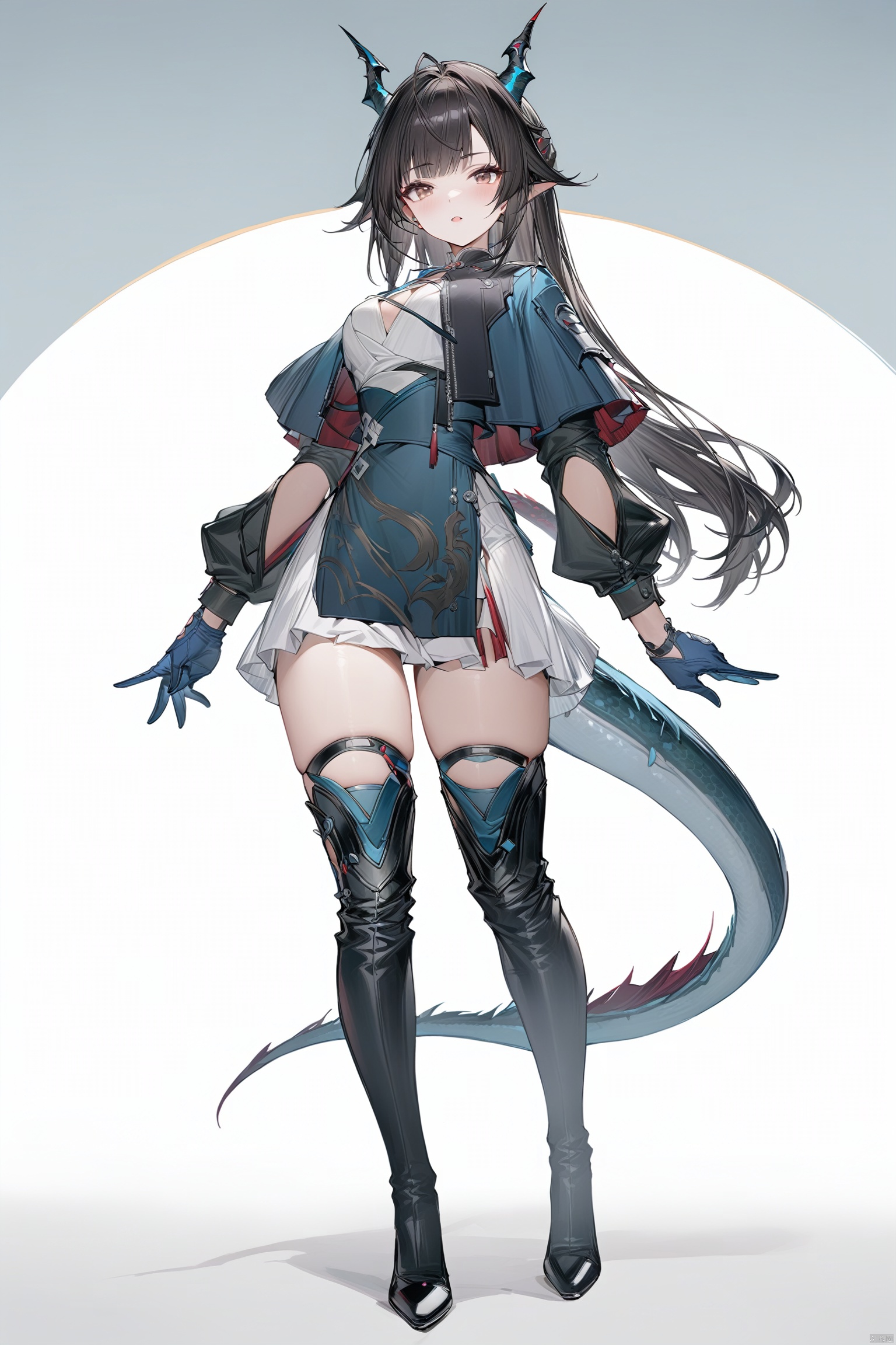  (masterpiece), (best quality), 1girl, bangs,black hair,thighhighs,gloves,long sleeves,dress,brown eyes,jacket,tail,full body,horns,black footwear,capelet,dragon tail,blue gloves, chenqianyu,thigh_boots,