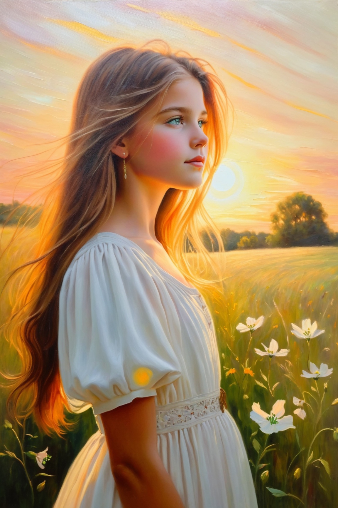 A young girl with long,  flowing hair and piercing green eyes,  dressed in a simple white dress on Tensor.Art