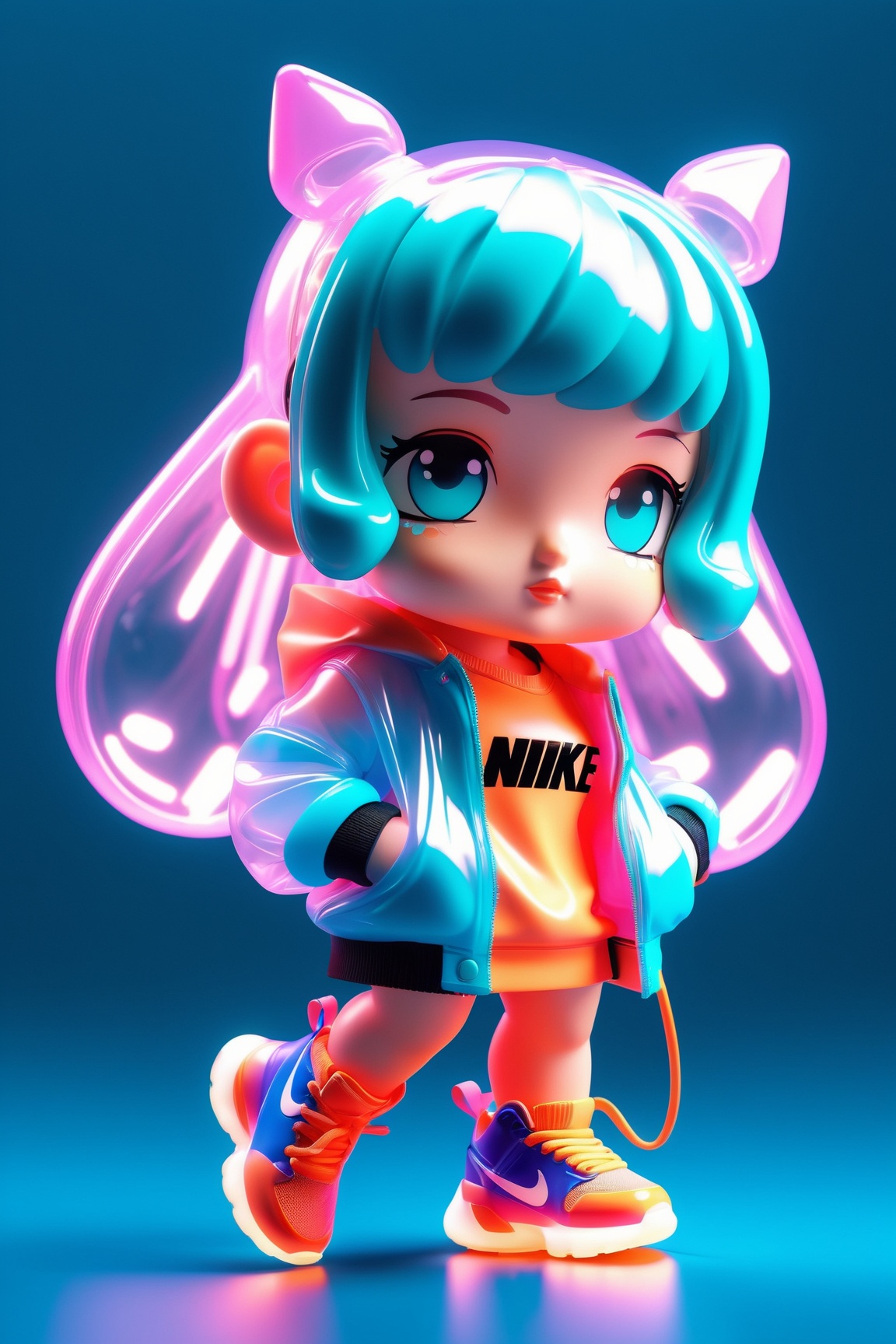 cute little girl wrapped in transparent plastic,  chibi,  fluorescent translucent sports fashion trend clothing on Tensor.Art