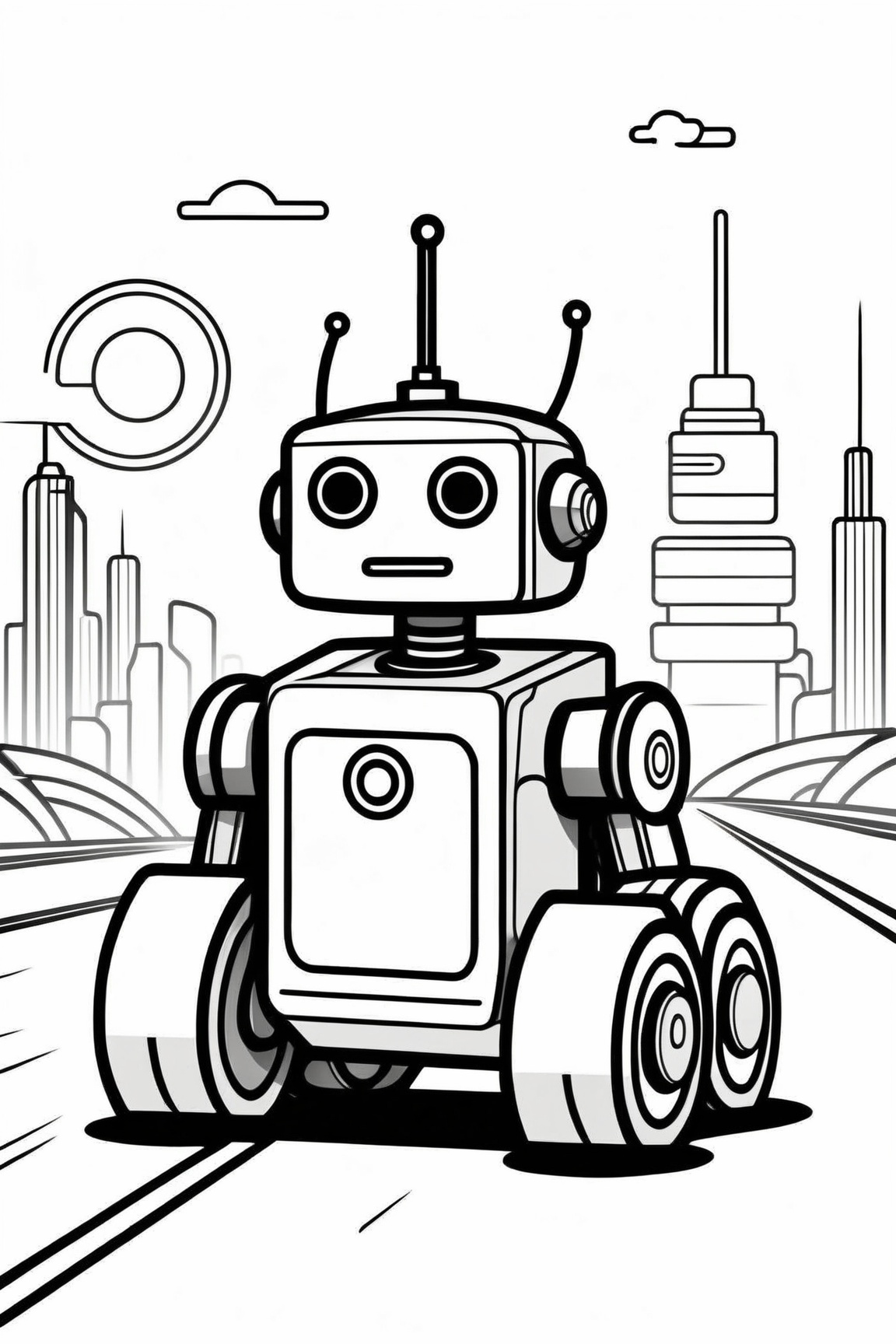 Create a minimalist line cartoon style image,  coloring page for toddler and very easy art of Robots racing in a futuristi...
