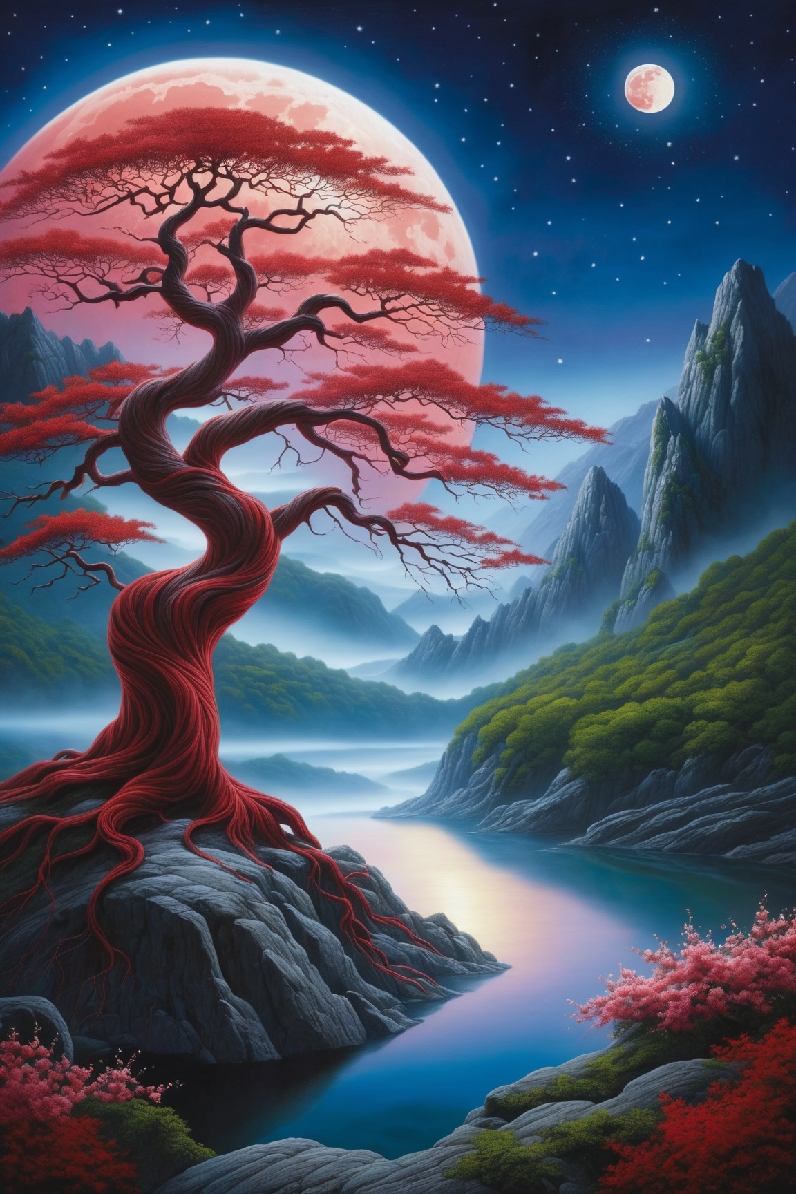 the ethereal beauty of a mystical landscape under the red moonlight. The scene should be illuminated by a large,  radiant...