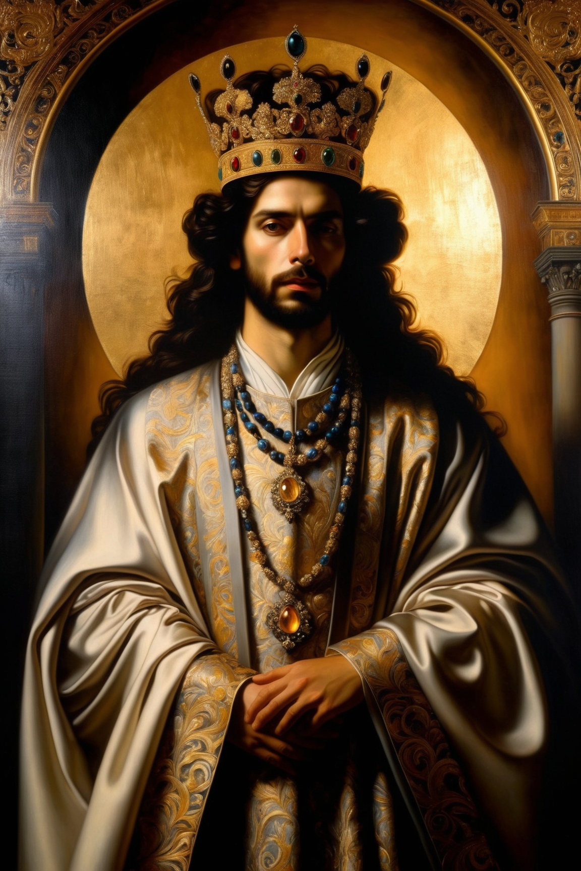 A highly detailed portrait of a regal monarch,  adorned in a flowing robe of rich fabrics and embellished with intricate g...