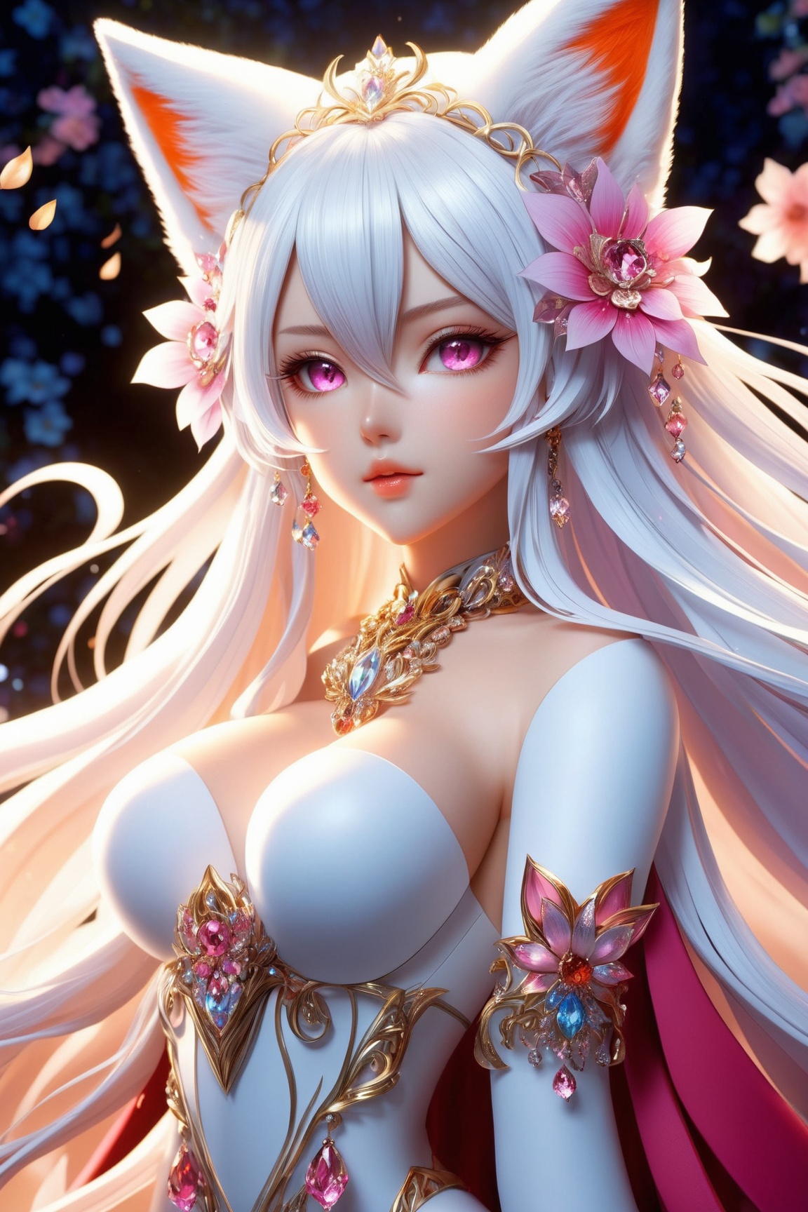 Kyoto Animation stylized anime ~ A Gorgeous flowing white hair,  fox ears,  stylish on Tensor.Art