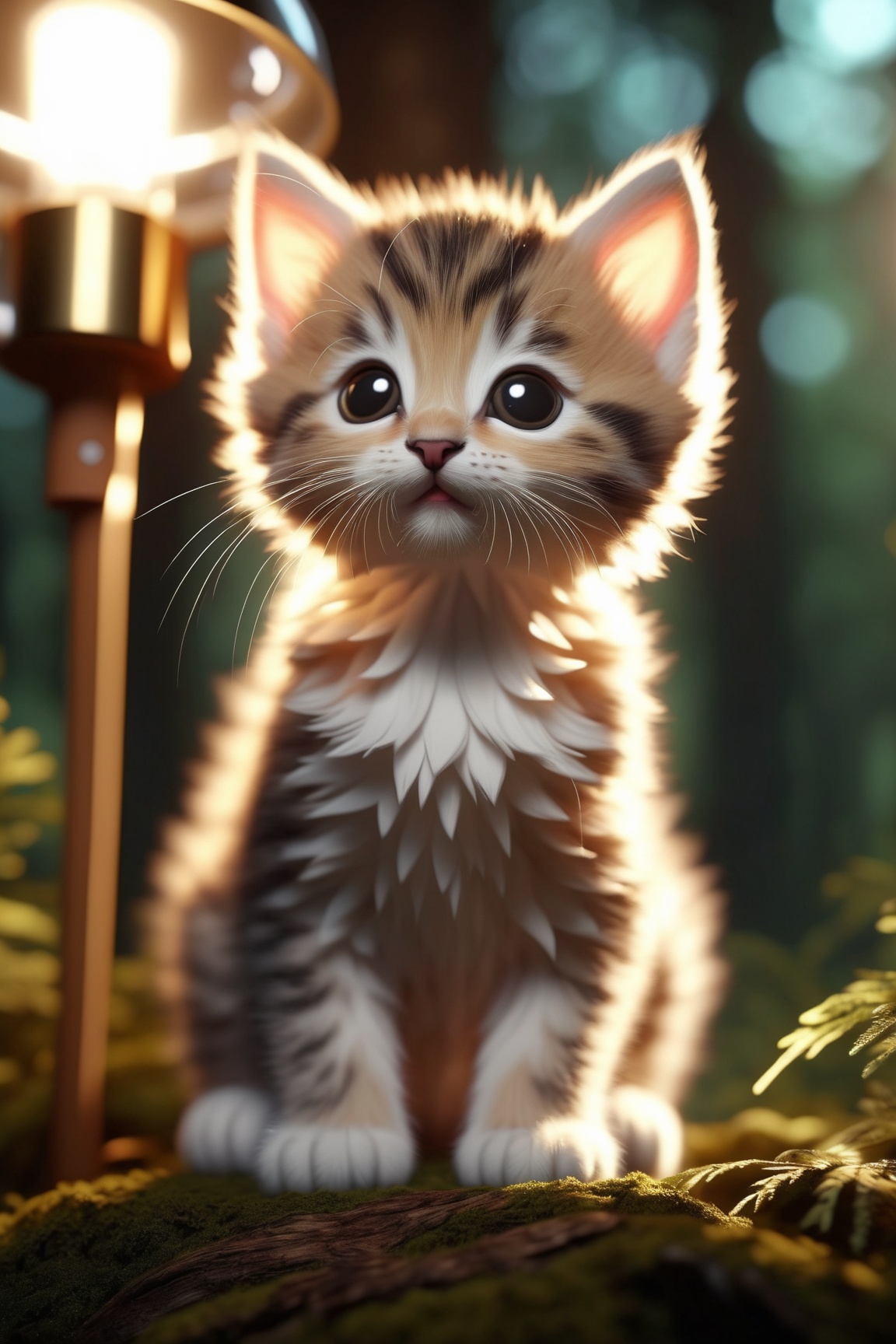 Very cute closeup photo of kitten sitting in the forest,  Soft volumetric lamp (backlight: 1.3),  (kinematics: 1.2) on Ten...