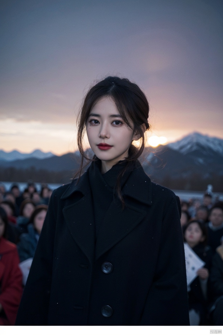  
(Not looking at the audience: 1.5),scarf,portrait of 1girl by Bill Henson,Black Cashmere coat,masterpiece,best quality,highres,2girls,flora,snowing,bokeh,low contrast,sharp and in focus,(art by Chris Friel:1.2),(night),looking at viewer,sad,melancholy,drillhair,wind,cinematic_angle,(cinematic tone:1.2),mountaintop,cowboy shot,floating hair,rule of thirds,charming smile