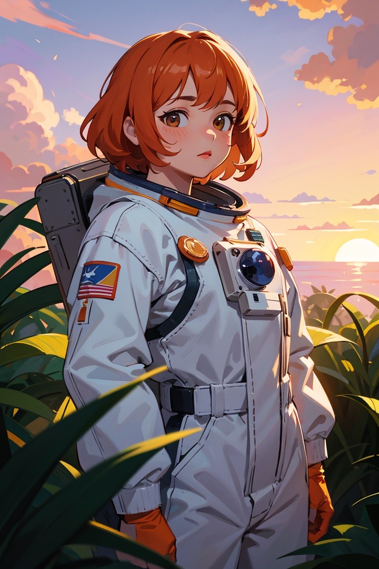 An astronaut in an orange astronaut outfit,  standing against a sunset background. The astronaut is positioned front facin...