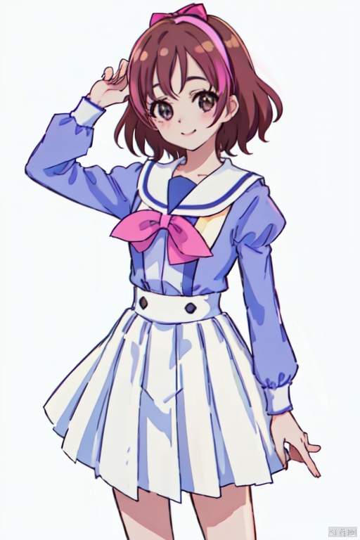  Noble_Academia_uniform,1girl, solo, smile, looking at viewer, cowboy_shot, simple background, white background, haruno_haruka, short hair, brown hair, pink bow, cure flora
