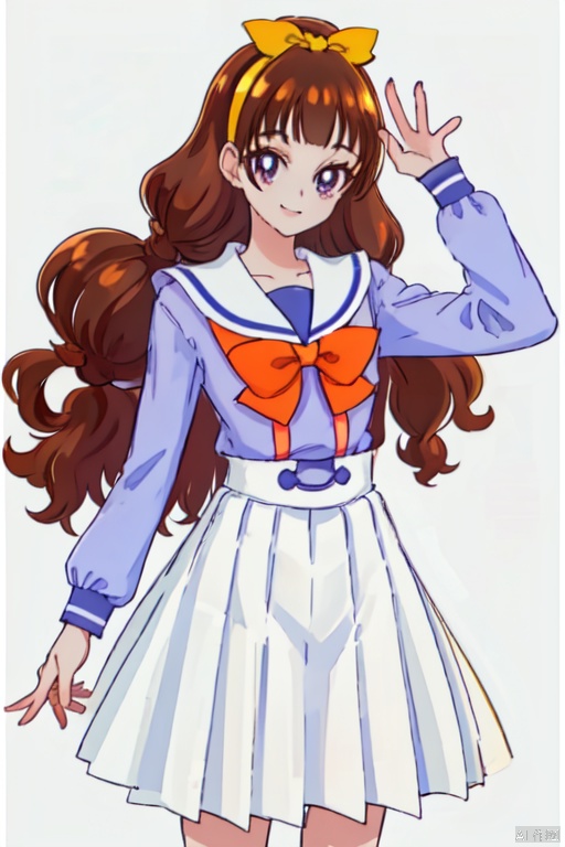  Noble_Academia_uniform,1girl, solo, smile, looking at viewer, cowboy_shot, simple background, white background, amanogawa_kirara, orange bow, yellow hairband,