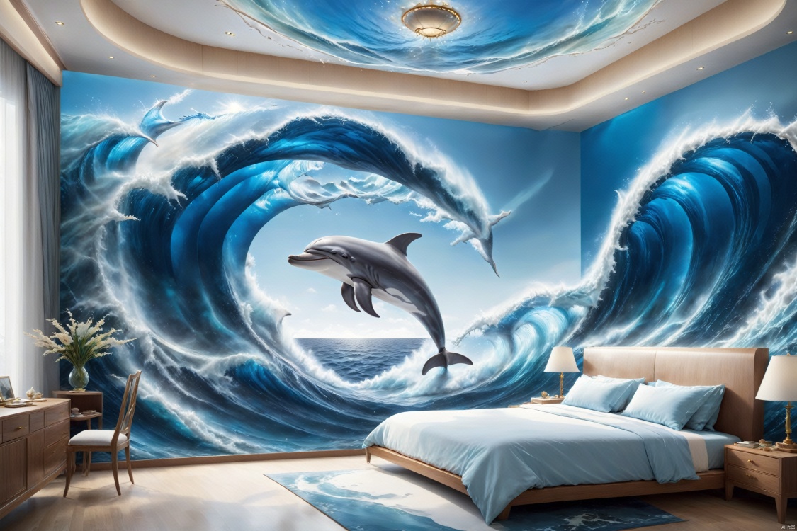  Mathematical design art, stunning visual feast, visual art architecture, master works,
Mysterious sea creatures,Mathematical design art, stunning visual feast, visual art architecture, master works, Bedroom adopts ocean style, smooth furniture, A tsunami wave with the graceful head of a dolphin, emerging out of the blue ocean, 3D render, highly detailed, natural lighting