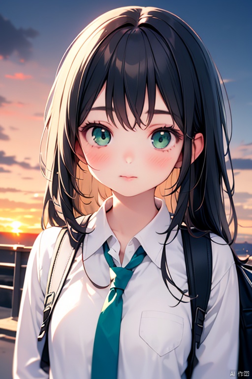 1girl, solo, long hair, looking at viewer, blush, bangs, shirt, closed mouth, green eyes, white shirt, upper body, outdoors, 粉色hair, necktie, sky, collared shirt, cloud, bag, lips, backpack, sunset, green necktie, girl