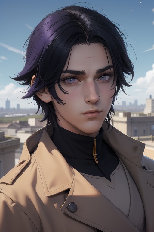 Raven is a handsome 18-year-old man. long grey_black hair,  long shoulder-length haircut. His eye color is purple. ((Detai...