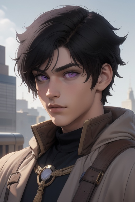Raven is a handsome 18-year-old man. hair ((black+brown+grey)). long shoulder-length haircut. Purple eyes. ((Detailed Face...