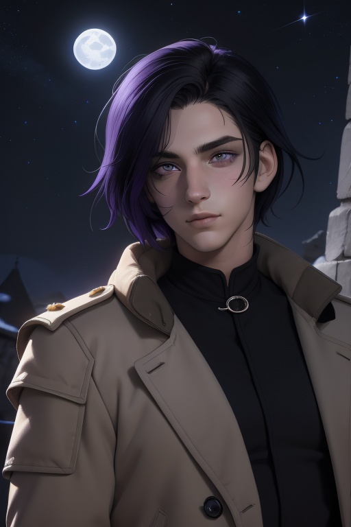 Raven is a handsome 18-year-old man. long grey_black hair,  long shoulder-length haircut. His eye color is purple. ((Detai...