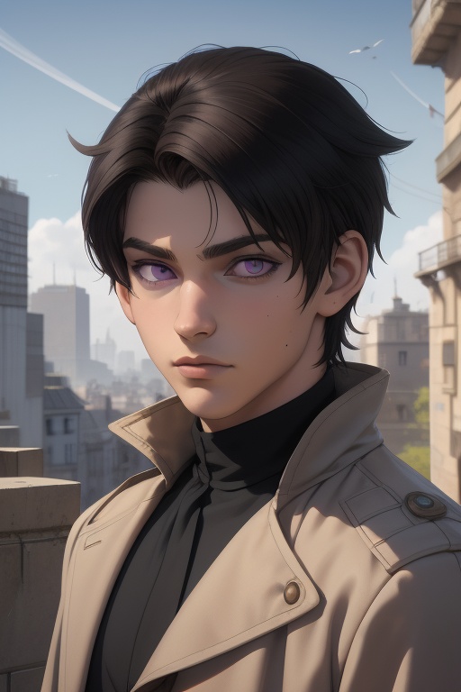 Raven is a handsome 18-year-old man. hair ((black+brown+grey)). long shoulder-length haircut. Purple eyes. ((Detailed Face...