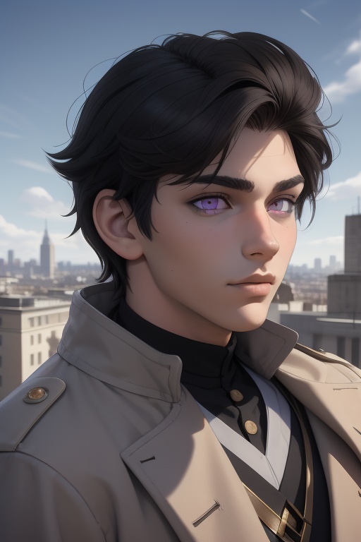 Raven is a handsome 18-year-old man. hair ((black+brown,  +grey)),  long shoulder-length haircut. Purple eyes. ((Detailed...