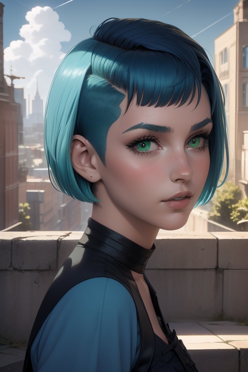 Rease is a beautiful 20-year-old woman. short aqua_blue hair. ((Choppy Classic Undercut haircut)). green eyes. ((Detailed...