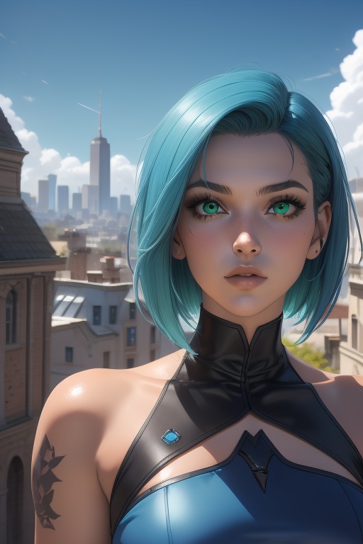 Rease is a beautiful 20-year-old woman. aqua_blue hair. very short haircut. green eyes. ((Detailed Face)),  She has an ath...