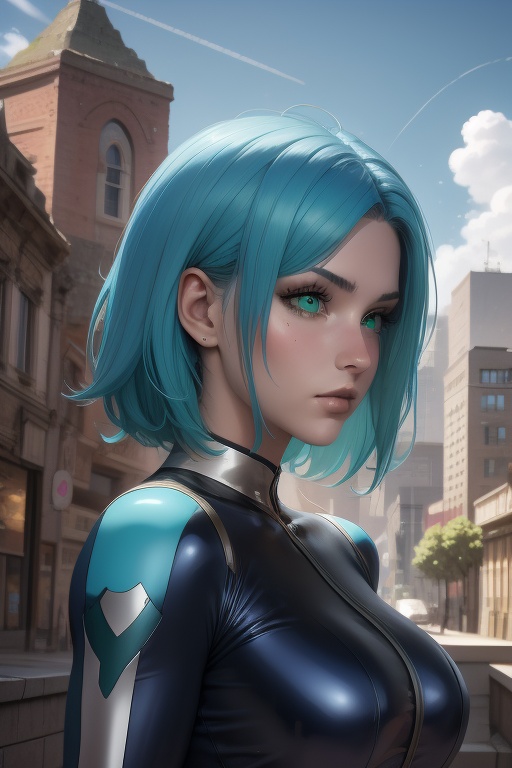 Rease is a beautiful 20-year-old woman. short aqua_blue hair. green eyes. ((Detailed Face)),  She has an athletic build. b...